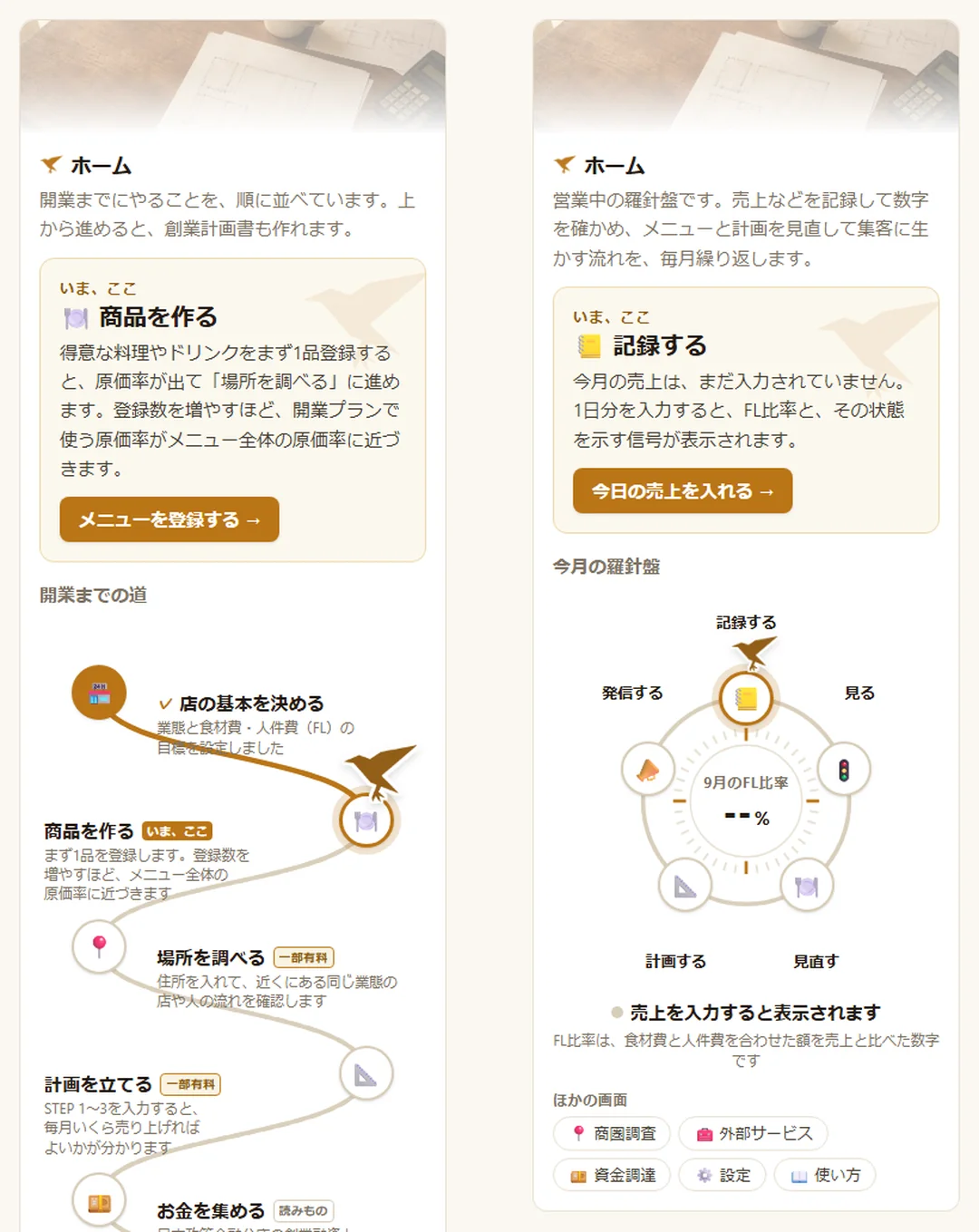 左が開業前のホーム（開業までの道）、右が営業中のホーム（今月の羅針盤）