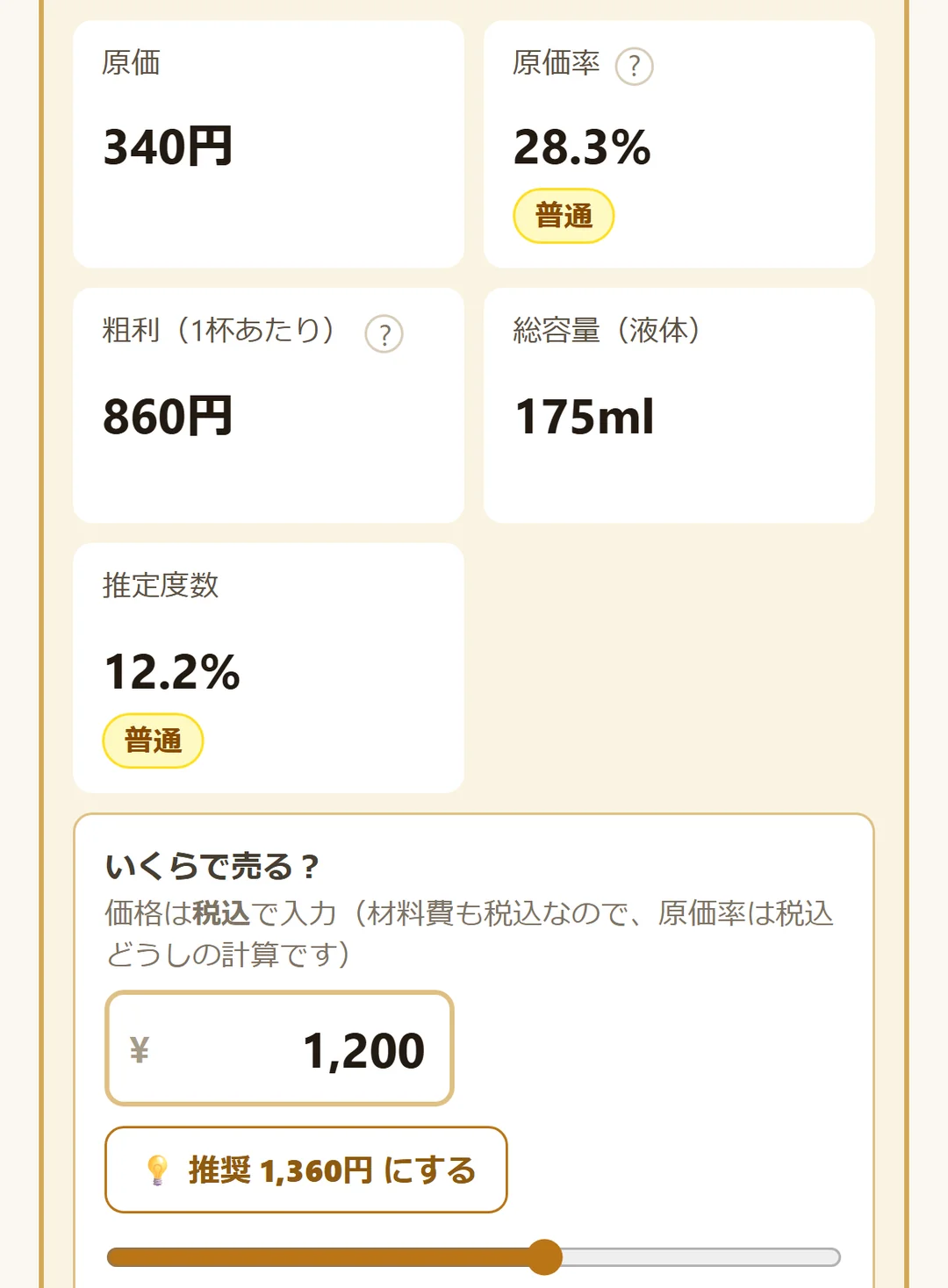 メニュー編集、原価・粗利などの札と売価を決める欄