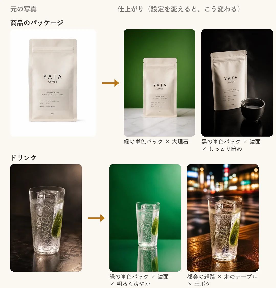 フォトスタジオの見本、元の商品・ドリンクと設定別の仕上がり